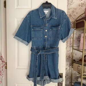 Denim Short Sleeve Romper with Belt